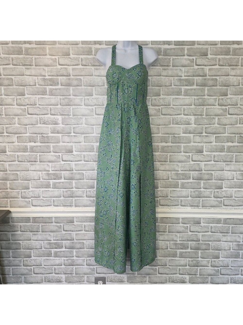 Band Of The Free Jumpsuit NWT Boho Sage Green Floral Halter Wide Leg Tie Waist S